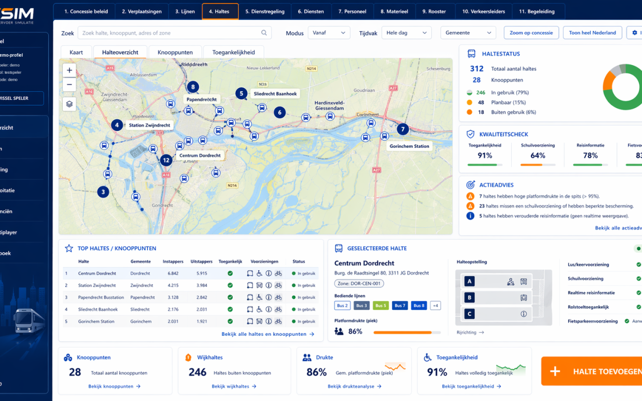 Ontwerpvisualisatie van het OVsim-halteoverzicht met kaart, knooppunten en toegankelijkheidsinformatie.